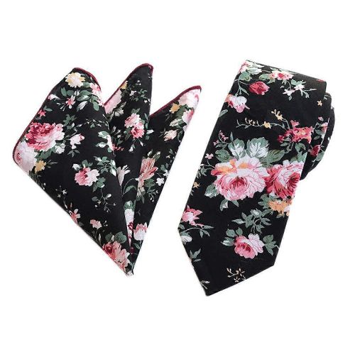 Ensemble Cravate Fine Et Pochette En Coton ¿¿ Motif Floral Pour Homme, L¿¿Ger Et ¿¿L¿¿Gant, Bleu Fonc¿¿