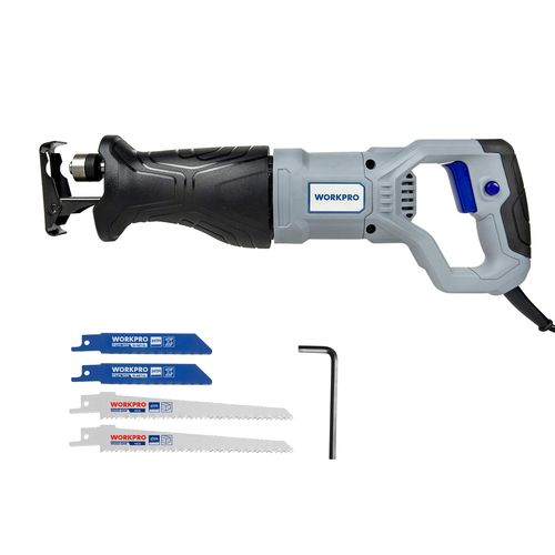 Scie Sabre 710W 0 2800 tr/min Vitesse Variable WORKPRO avec Mecanisme de Changement Rapide de Lame, Profondeur de Coupe Bois/Metal: 115/4 mm - Coupe de Precision et 4 Lames Incluses