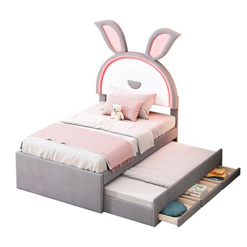 Lit enfant lit 90 x 200 cm velours canapé-lit avec lit gigogne tiroir de rangement et lumière led gris