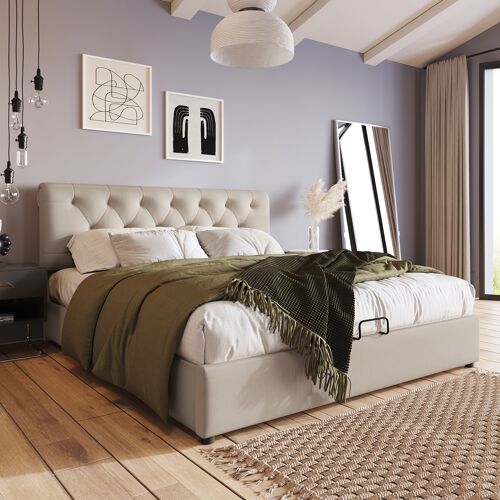 Lit adulte lit double avec sommier, tête de lit confortable et réglable avec rangement blanc cassé 160x200 cm