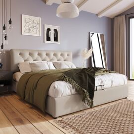 Lit adulte lit double avec sommier, tête de lit confortable et réglable avec rangement blanc cassé 160x200 cm