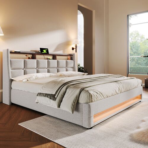 Lit coffre lit rembourré avec usb lit simple led avec sommier à lattes métalliques pour adolescents sans matelas lit 140x200 cm beige
