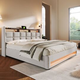 Lit coffre lit rembourré avec usb lit simple led avec sommier à lattes métalliques pour adolescents sans matelas lit 140x200 cm beige