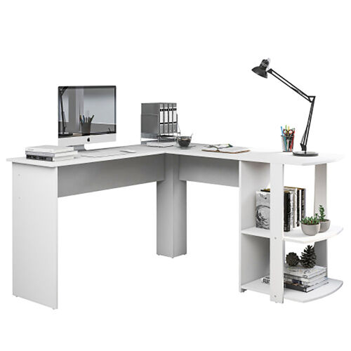 Bureau d'angle bureau en l d'ordinateur 140 cm avec 2 étagères blanc