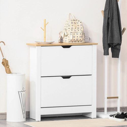 Meuble à chaussures 12 paires armoire étroite 2 tiroirs rabattables étagères réglables style moderne couloir entrée blanc chêne