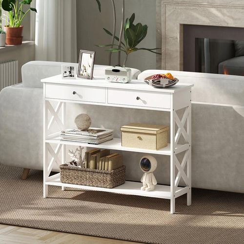 Table console entrée style drapier néo-rétro 2 tiroirs 2 étagères bois blanc
