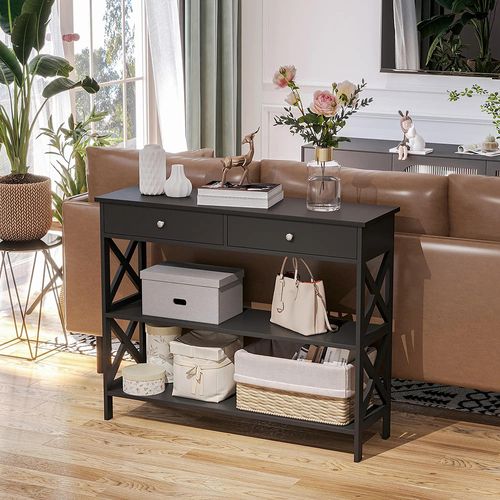 Table console entrée style drapier néo-rétro 2 tiroirs 2 étagères mdf noir