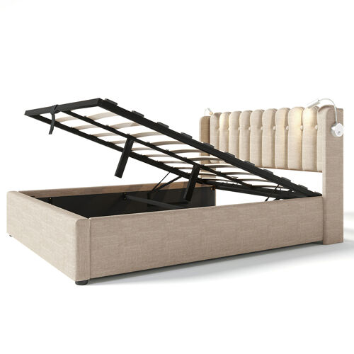Lit coffre lit double rembourré lit de lecture avec fonction de chargement tête de lit espace de rangement 140x200 cm naturel
