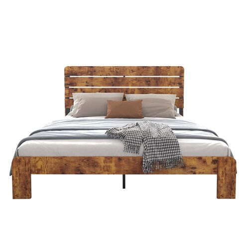 Lit double 160x200 bois antique sommier lattes fer tête haute cadre fer marron