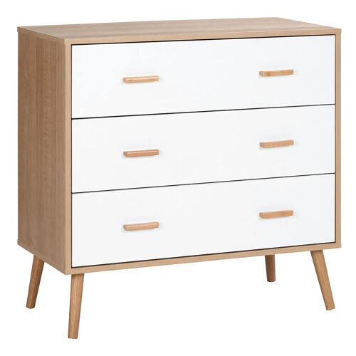 Commode design scandinave sur pieds 3 tiroirs coulissants pieds effilés inclinés panneaux particules blanc aspect bois clair