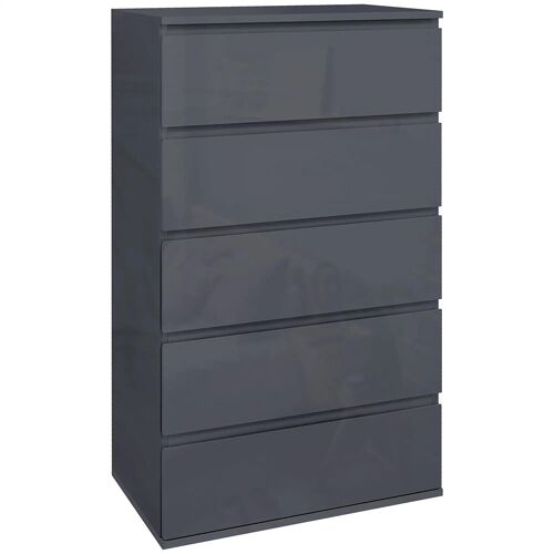 Commode 5 tiroirs sans poignées moderne finition laquée gris grand espace rangement
