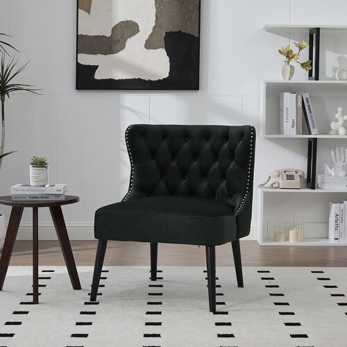 Fauteuil simple en velours à boutons design moderne sans accoudoirs avec bordure cloutée pieds bois massif pour salon ou chambre émeraude