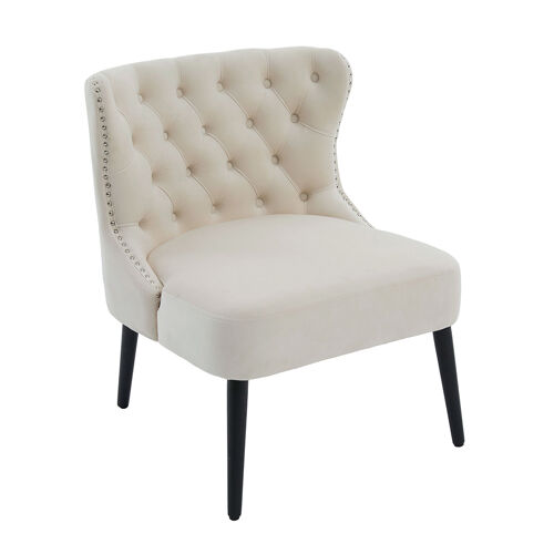 Fauteuil simple en velours à boutons design moderne sans accoudoirs avec bordure cloutée pieds bois massif pour salon ou chambre beige