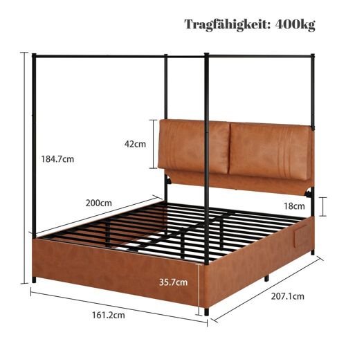 Lit à baldaquin 160x200 cadre métallique 2 coussins cuir 4 sommiers lattes amovibles double usage sans matelas ressorts marron