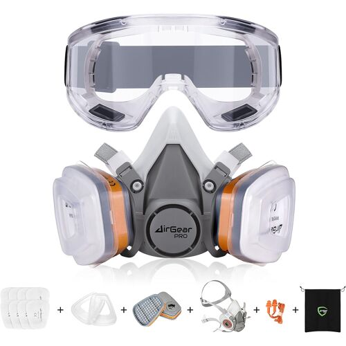 VornixorSarlshopG-500 Masque de Protection Respiratoire Réutilisable, Anti poussière, Anti gaz avec Filtres et Lunettes de Protection pour Peinture, Travaux, Bricolage, Ponçage