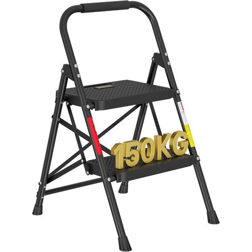 JEXNOVASHOP-Escabeau 2 Marches 150 kg, Marche Pied 2 Marches en Acier Antidérapant avec Poignée en Mousse, Mini Escabeau Pliant 6,9 cm, Tabouret Marche Pied Noir