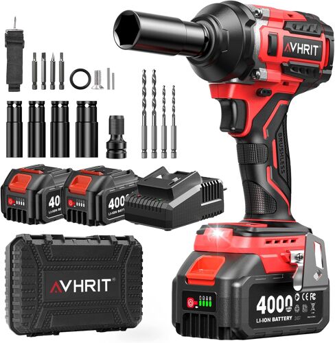 MEVRONISSHOP-Clé à Chocs Sans Fil Brushless avec 2x 4.0 Ah Batteries, 700N.m/Ft-lbs Boulonneuse à Choc Electrique, 21V Visseuse à Chocs avec 4 Douilles à Chocs, Compatible avec Makita 18V