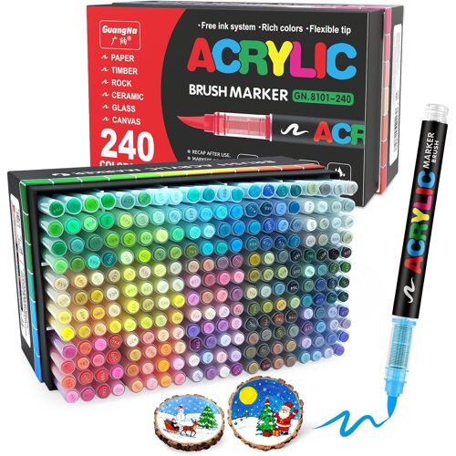 Jexnovashop-240 Couleurs Feutre Acrylique, Stylos Acryliques À Pointe Pinceau Pour Le Coloriage, Marqueur Peinture Acrylique Pinceau Pour Papier, Céramique, ?ufs De Pâques, Bois, Toile, Tissu, Verre,