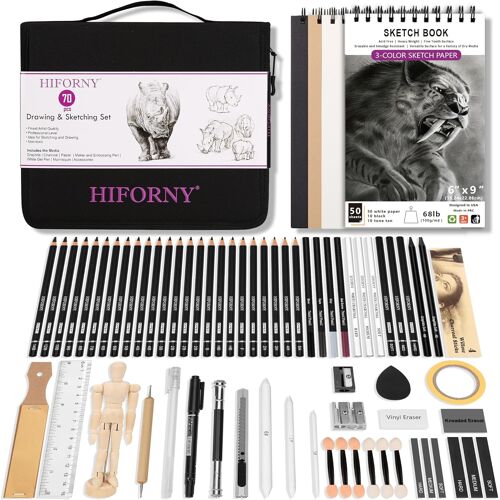 Mevronisshop-Ensemble De Dessin De 70 Pièces - Kit De Fournitures D'art De Crayons À Dessin Pour Adultes, Artistes Et Enfants Avec Cahier De Croquis À 3 Couleurs, Crayons Graphite, Pastels