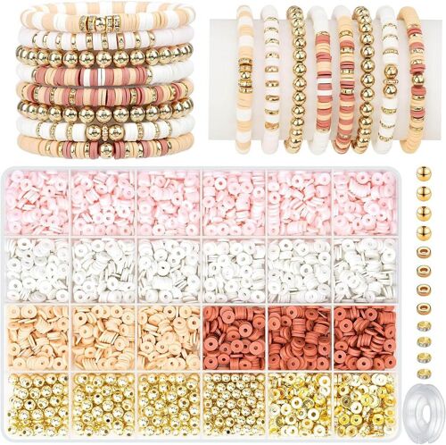 Mevronisshop-3000+Pièces Set De Perles Plates Et Rondes En Argile Polymère(Rose Avec Corde)Kit Perle Plate¿Perles D'argile¿Clay Bead Pour Le Kit De Bracelet À Breloques Diy Arts And Crafts Cadeau D'a