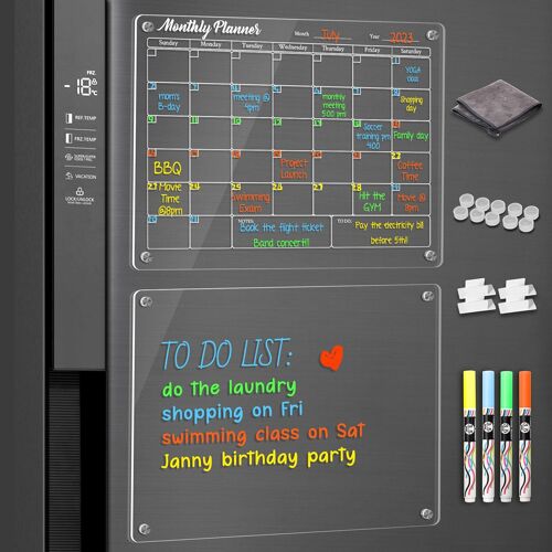 JEXNOVASHOP-Lot de 2 Calendrier Magnétique Frigo, 40 x 30cm Planificateurs Magnétiques et Mémo, Tableau Transparent Effaçable à Sec en Acrylique, Facile à Lire et à Nettoyer, 4 Marqueurs Craie de Cou