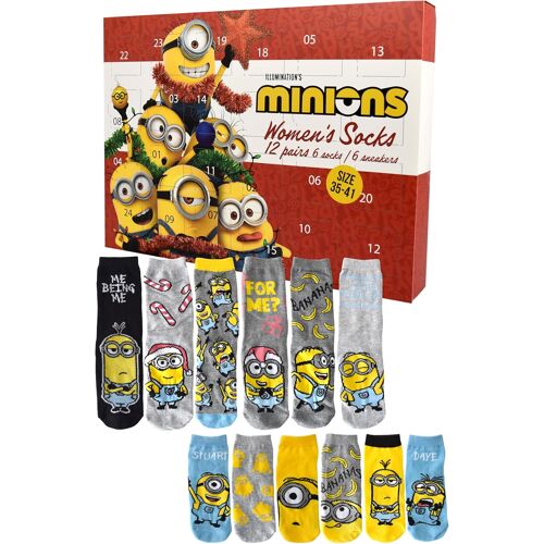JEXNOVASHOP-Minions Calendrier de l'Avent avec 12 paires de chaussettes pour femme, taille 35-41, calendrier avec baskets et chaussettes longues, calendrier de Noël, cadeau