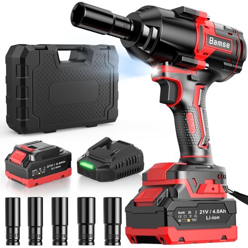 MEVRONISSHOP-Clé à Chocs Sans Fil Brushless, 1000N.m Boulonneuse a Choc Electrique avec 4,0 Ah Batterie 21V, Visseuse à Chocs D'impact avec 5 Douilles Puissance et Facilité pour Boulonner et Déboulon