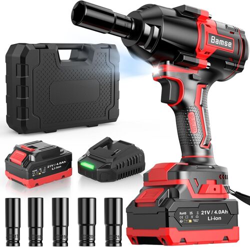 MEVRONISSHOP-Clé à Chocs Sans Fil Brushless, 1000N.m Boulonneuse a Choc Electrique avec 4,0 Ah Batterie 21V, Visseuse à Chocs D'impact avec 5 Douilles Puissance et Facilité pour Boulonner et Déboulon