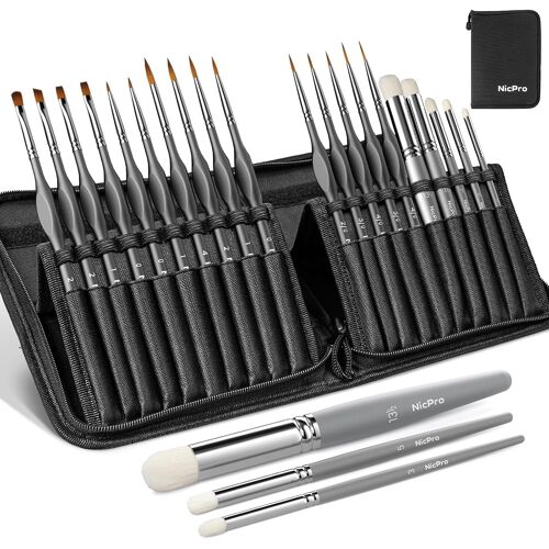 JEXNOVASHOP-20 pièces Fin pinceaux Peinture Miniatures drybrush, Pinceau pour maquettes avec étui en Nylon pour Acrylique, Huile, Aquarelle, pinceaux secs pour maquettes, Miniature, numéros, Artisana