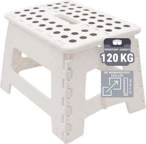 JEXNOVASHOP-Tabouret-Pliable - Tabouret-Pliant pour Enfants et Adultes jusqu'à 120kg - Revêtement-antidérapant - Poignée-de-Transport - Ultra-léger - Hauteur-22cm - Plastique - Blanc