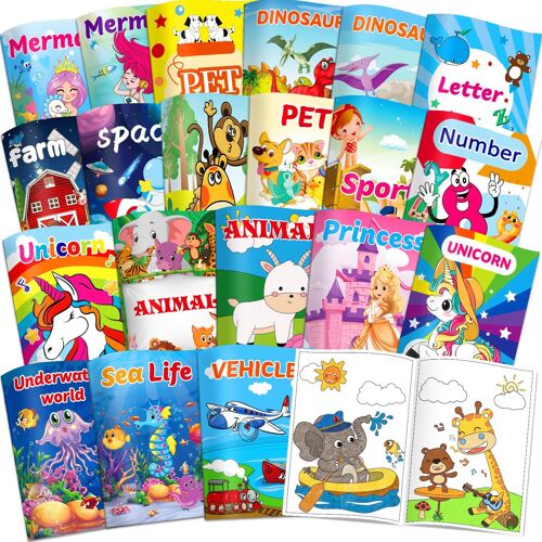 JEXNOVASHOP-20 Livres de Coloriage pour Enfants, Mini Livres de Coloriage pour Fillers de Sacs de Fête, Pack de Coloriages pour Enfants de 2 à 8 ans, Thèmes-Animaux, Sirènes, Dinosaures, Espace et Oc