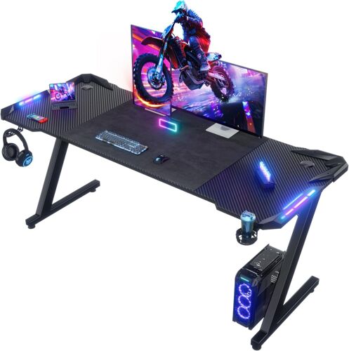 JEXNOVASHOP-Bureau Gaming LED 160×60cm, Bureau Gamer avec Lumière RGB, Tapis de Souris, Porte-gobelet et Crochet pour Casque, Table Informatique Ergonomique (Noir,160×60cm)