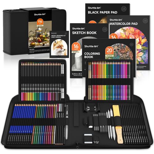 Jexnovashop-Kit Crayon Dessin Professionnel 116 Pcs Complet Avec Crayons De Couleur,Crayons Aquarelles,Graphite,Fusain,Carnets De Croquis, Malette Dessin Pour Artiste, Débutant, Adulte