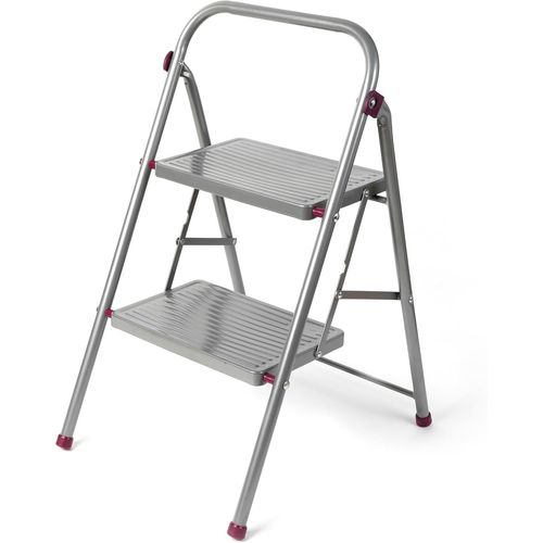 JEXNOVASHOP-Escabeau Pliable à 2 Marches 80 cm, Marchepied Robuste Pliable de Bricolage, Pour Intérieur/Extérieur, Capacité max 150 kg, Facile à Ranger, Acier Allié, Pieds Antidérapant, Rose/Gris
