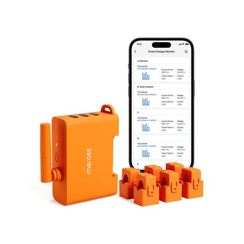JEXNOVASHOP-Meross EM06 (150 A) Compteur d'Énergie Triphasé connecté, WiFi Smart Meter 6 Canaux - Mesure énergie pour Solaire/Photovoltaïque, Maison et Industrie, Montage sur Rail DIN, Fusionner les