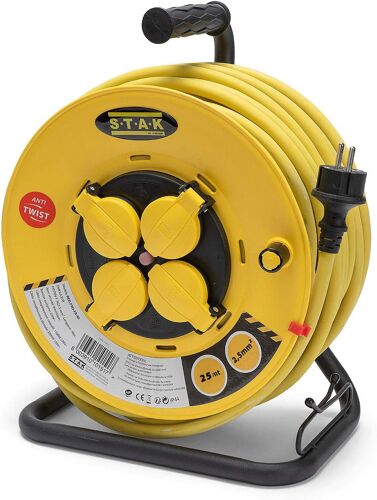 JEXNOVASHOP-Stak REELPRO-FR-25 Enrouleur electrique professionnel, tambour fixe, water proof IP44 cable 25m en caoutchouc 3G2.5m¿ pour chantier, bricolage, jardin. 4 Prises, chassis acier, Jaune