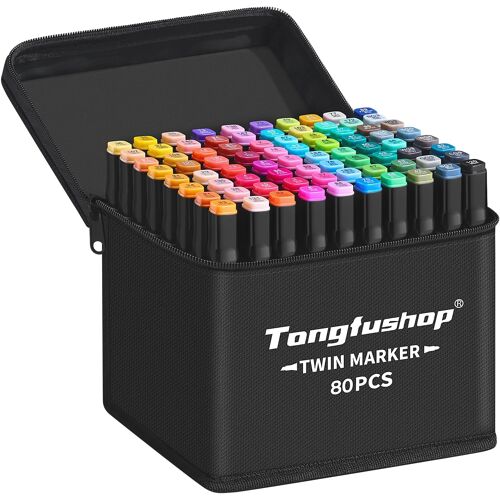Jexnovashop-80+2 Couleurs Feutre A Alcool Set, Feutres Coloriage Adulte, 2s Séchage Rapide Marqueur Alcool Avec Pochette De Transport Et Espaceur Pour Peinture, Griffonnages, Animation 