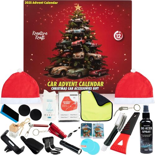 JEXNOVASHOP-Calendrier de l'Avent 2025 Accessoires Voiture, 24 surprises Ado Adulte Support Téléphone Porte Clés Gadgets Auto, Compte à Rebours Noel