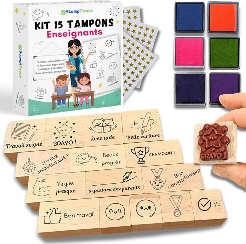 JEXNOVASHOP-Tampons Enseignants Français - 15 Tampons Maitresse d¿école, 6 Encreurs, 300 Stickers & EBook-Tampon Correction, Appreciation et Encouragement pour Professeur des ecoles, Cadeau Maitresse