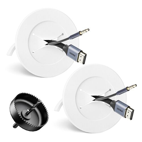 Lot de 2 passe-câbles encastrés, cache-boîtes, passe-câbles mural avec scie cloche de 76 mm, passage de câble blanc, prise de sortie murale pour téléviseur mural