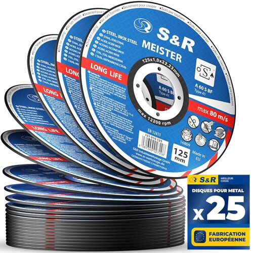 JEXNOVASHOP-Disque 125 Meule à tronçonner Fer Métal, Acier Inox, Aluminium (125 x1,0x22,23mm A60) - 25 Disques Coupe pour Meuleuse d'Angle