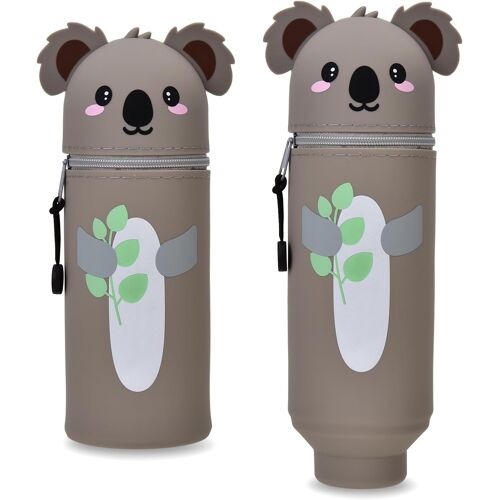 Kalanka-Trousse Kawaii 2-En-1 En Silicone Souple - Porte-Crayons De Bureau + Pochette, Fermeture Éclair, Pour Crayons/Feutres, H 18,5 Cm (Thème Koala)