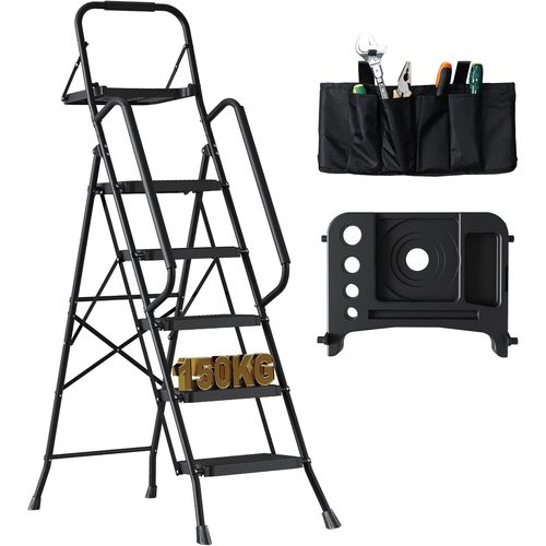 JEXNOVASHOP-Escabeau 5 Marches Pliable en Acier, Charge 150 kg, Marche Pied Antidérapant, Plateforme de Travail avec Plateau Outils, Escabeau avec Main Courante pour Cuisine Atelier Entrepôt, Noir