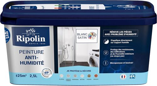 JEXNOVASHOP-Peinture Anti-Humidité Intérieur - Haute Protection pour Murs Sujets aux Infiltrations d'Eau - Protège des Moisissures - Microporeuse & Lessivable - Satin - 2,5L - Blanc