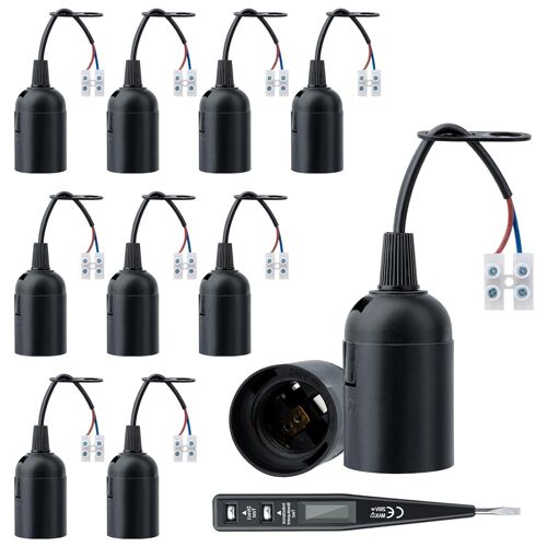 JEXNOVASHOP-10 PCS E27 Support d'ampoule, Douille de rénovation rénovation avec Tension VDE/Testeur de Phase, Douille de chantier, Lampe E27 avec câble (Noir)