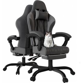JEXNOVASHOP-Chaise de Gaming en Tissu avec Repose-Pieds Extensible, Chaise de Bureau Ergonomique avec Massage, Hauteur réglable, Chaise Gamer avec Rembourrage à Ressorts, Capacité de Charge 150KG, Gr