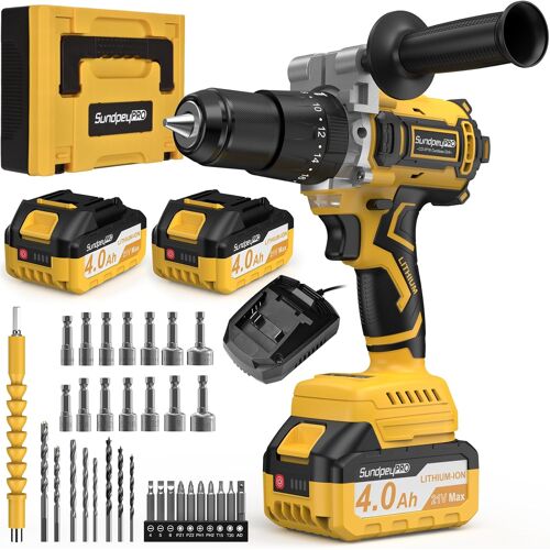 JEXNOVASHOP-Perceuse Percussion Sans Fil 21V, 120Nm Max Brushless Visseuse Devisseuse Sans Fil, Perceuse-Visseuse avec 2 Batteries 4.0Ah, 20+3 RéGlages de Couple, 13mm Mandrin, 2 Vitesses, Led