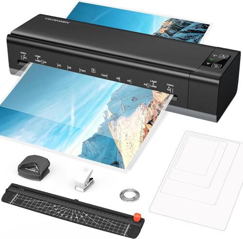 JEXNOVASHOP-Plastifieuse A3 A4 A5 A6 Plus de Tracas, Tout en Un Mode Chaud/Froid avec 30 Feuilles, Plastifieuse Multi Format avec Massicot, Perforatrice, Arrondisseur, Anneau pour Famille École Burea