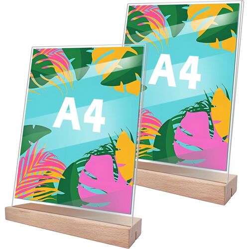 JEXNOVASHOP-2 Pièces Présentoir A4 Transparent Support Affiche A4 avec Socle en Bois Support Plexiglass A4 pour Les Bureaux, Les Restaurants, Les Magasins, Les Hôtels, Les Comptoirs
