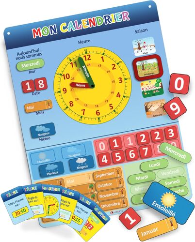 JEXNOVASHOP-Mon Premier Calendrier ¿ Jeu Éducatif Magnétique pour Enfants avec 36 aimants & 20 cartes d'exercices ¿ Comprend une Horloge, une Station Météo ¿ Pour Garçons et Filles ¿ 42x32cm